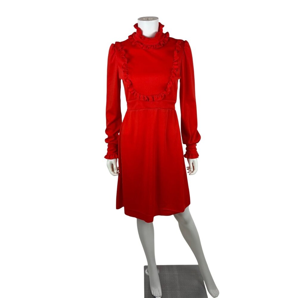 Vintage 70s Mini Dress Womens Small Red Ruffle Yoke Mockneck Mod Long Sleeve Pol